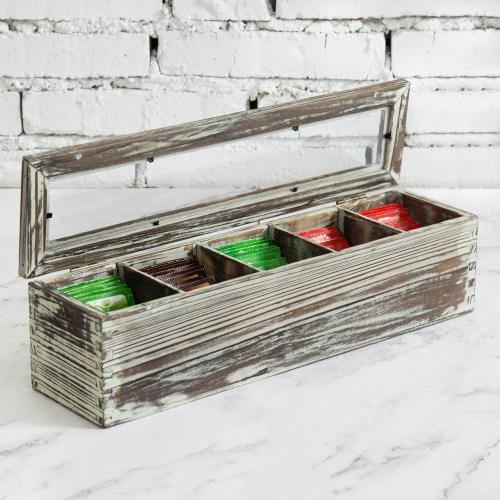Rustic Torched Wood Tea Box with Magnetic Clear Lid