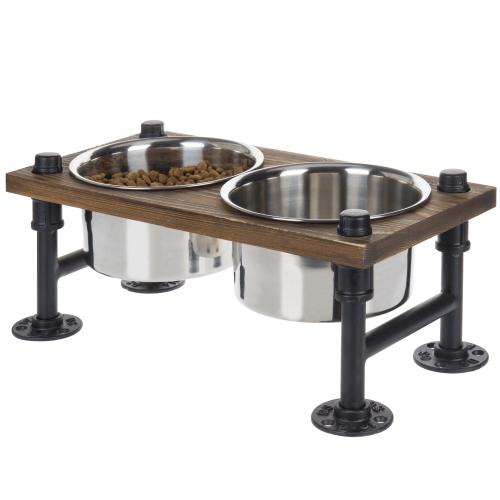 Industrial Style Wood and Metal Double Dog Feeder with Stand-MyGift