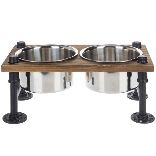 Industrial Style Wood and Metal Double Dog Feeder with Stand