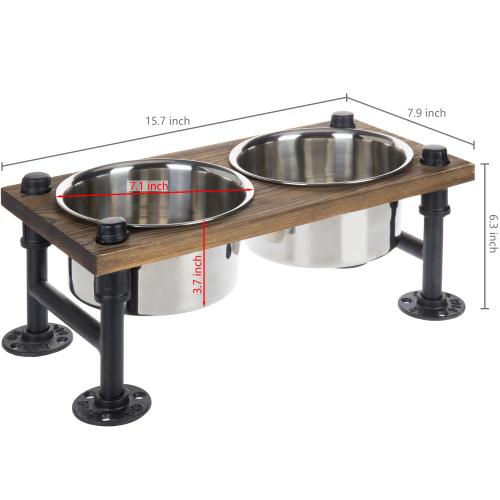 Industrial Style Wood and Metal Double Dog Feeder with Stand-MyGift