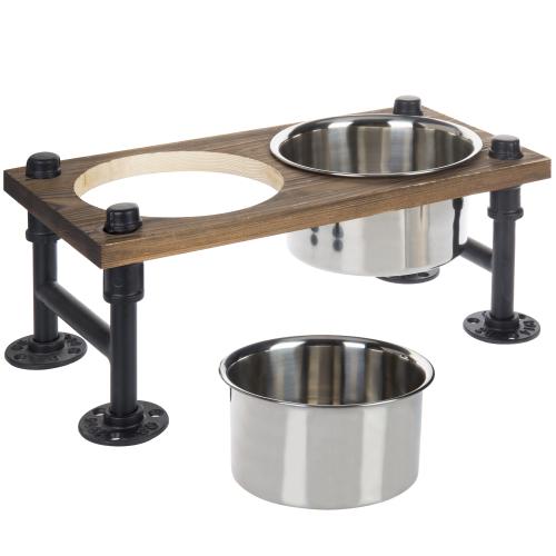 Industrial Style Wood and Metal Double Dog Feeder with Stand-MyGift