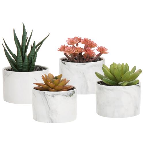 Mini Artificial Succulents in Marbled Ceramic Planters, Set of 4-MyGift
