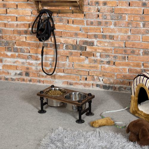 Industrial Style Wood and Metal Double Dog Feeder with Stand-MyGift