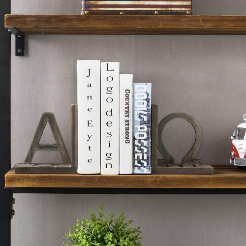Gray Wood and Black Metal Alpha and Omega Bookends, Set of 2
