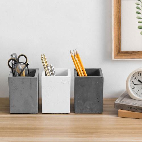 MyGift Modern Gray Concrete Cylinder Desktop Pen Holder Pencil Cup and Office Stationery Supplies Storage Organizer Holder in Monochrome Colors, Set