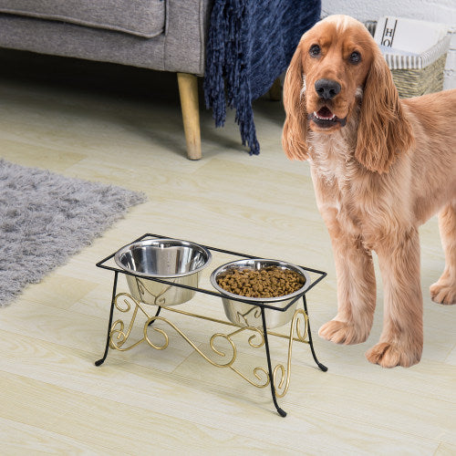 Brass Scrollwork & Black Metal Pet Feeder w/ Stainless Steel Bowls