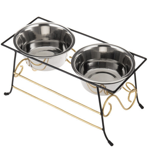 Brass Scrollwork & Black Metal Pet Feeder w/ Stainless Steel Bowls-MyGift