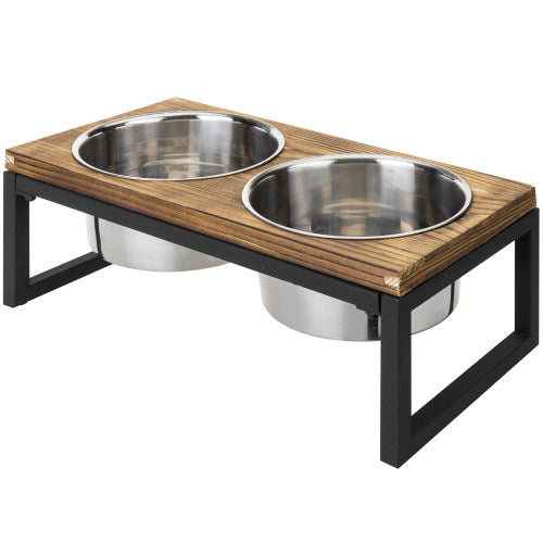 Burnt Wood & Black Metal Dog Feeder w/ Stainless Steel Bowls-MyGift