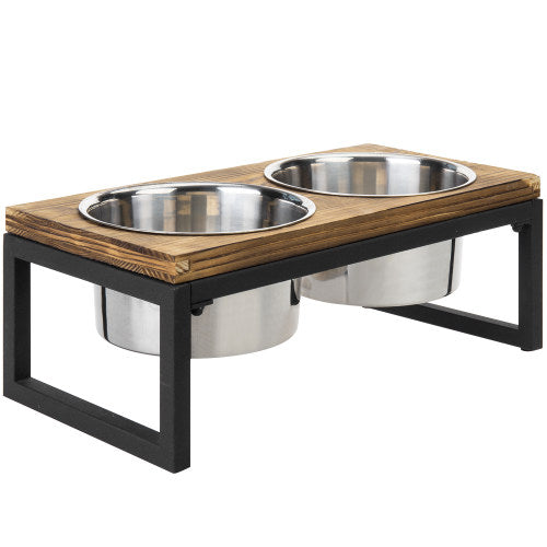 Burnt Wood & Black Metal Dog Feeder w/ Stainless Steel Bowls-MyGift