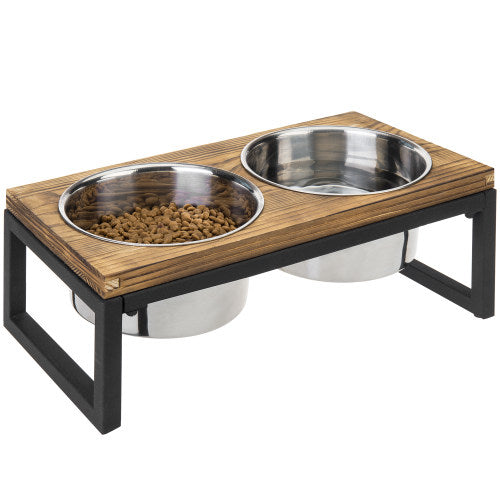 Burnt Wood & Black Metal Dog Feeder w/ Stainless Steel Bowls-MyGift