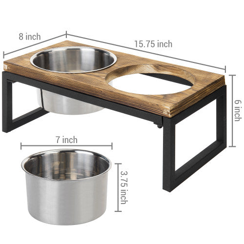 Burnt Wood & Black Metal Dog Feeder w/ Stainless Steel Bowls-MyGift