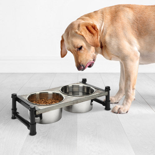 Torched Wood & Industrial Pipe Pet Feeder Stand w/ Bowls