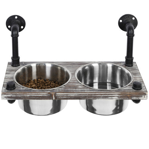 Wall-Mounted Torched Wood & Industrial Pipe Dog Feeder w/ Stainless Steel Bowls-MyGift