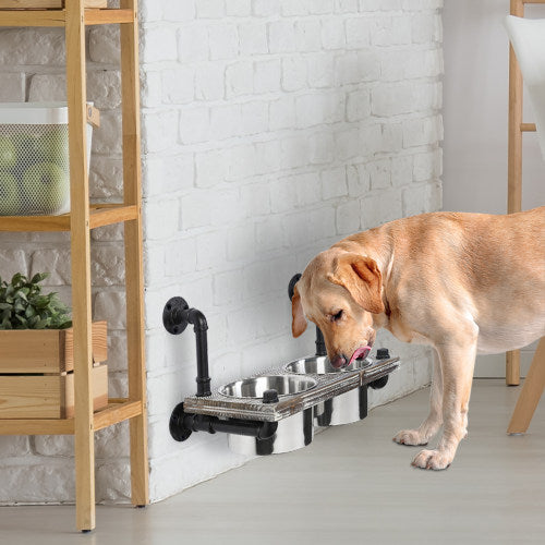 Wall-Mounted Torched Wood & Industrial Pipe Dog Feeder w/ Stainless Steel Bowls