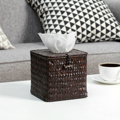 Woven Brown Seagrass Tissue Box w/Hinged Top Lid