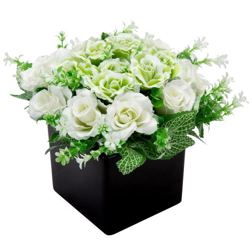 Faux Ivory Rose Floral Arrangement in Black Ceramic Vase-MyGift