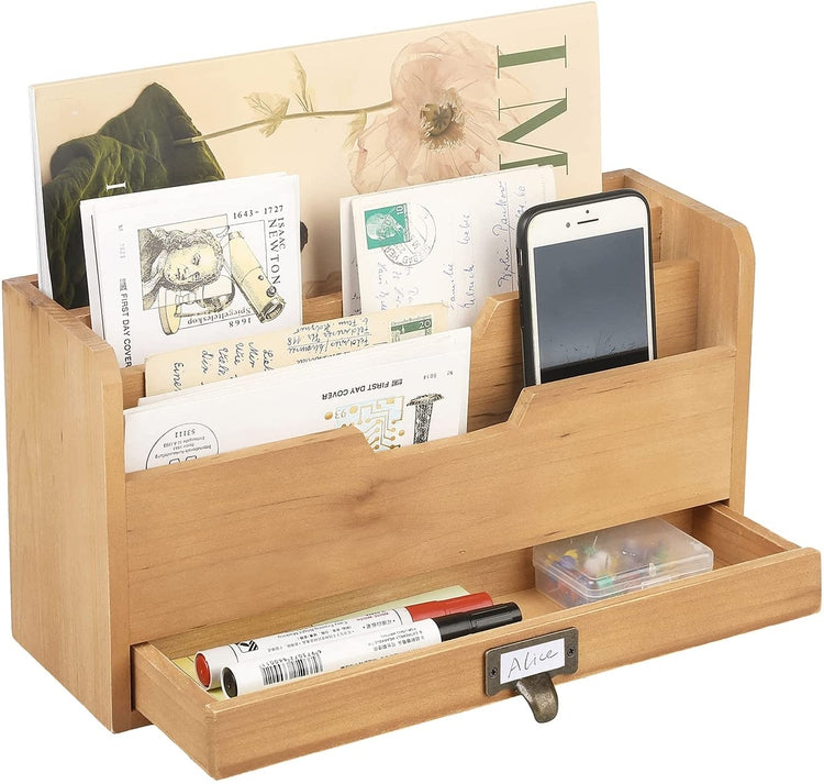 Rustic Brown Wood Office Desk Organizer-MyGift