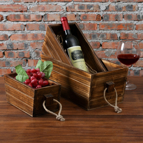 Dark Brown Wood Nesting Crates w/ Rope Handles, Set of 3-MyGift