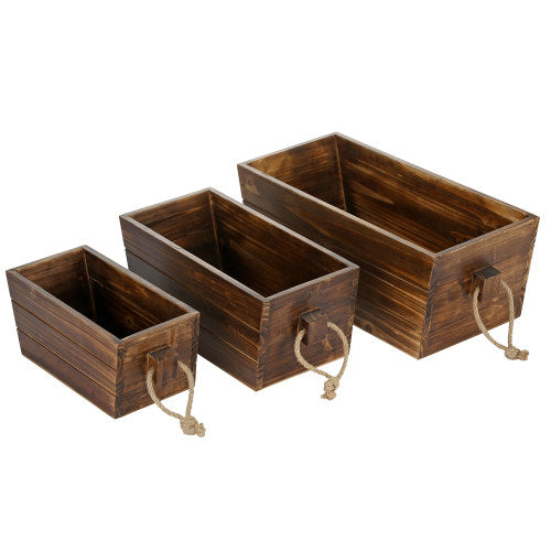 Dark Brown Wood Nesting Crates w/ Rope Handles, Set of 3-MyGift