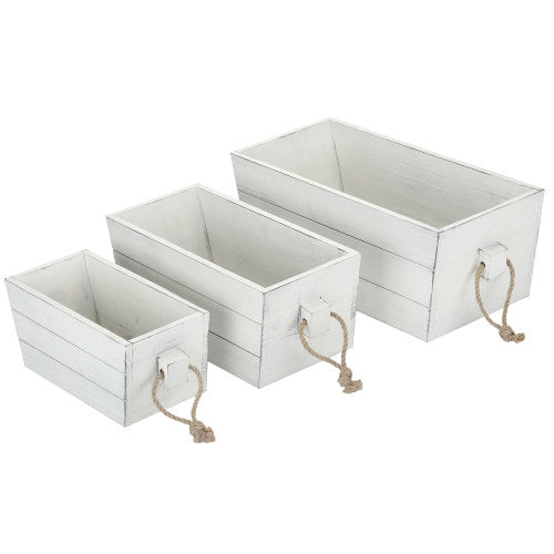 Vintage White Rectangular Nesting Wood Crates w/ Rope Handles, Set of 3-MyGift