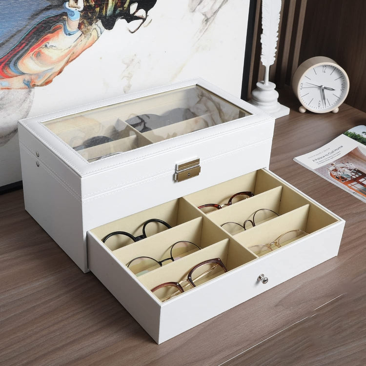 White 12-Compartment Sunglasses Case with Glass Lid and Leatherette Trim-MyGift