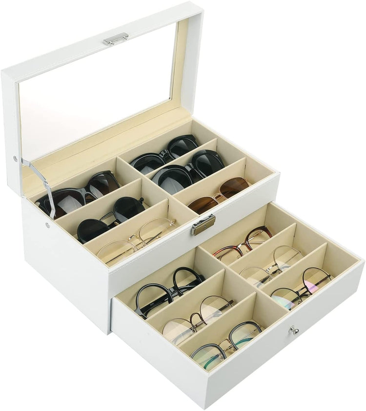 White 12-Compartment Sunglasses Case with Glass Lid and Leatherette Trim