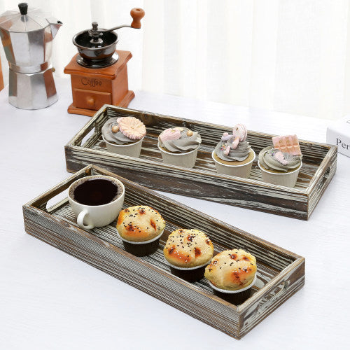 Rustic Rectangular Torched Wood Trays, Set of 2