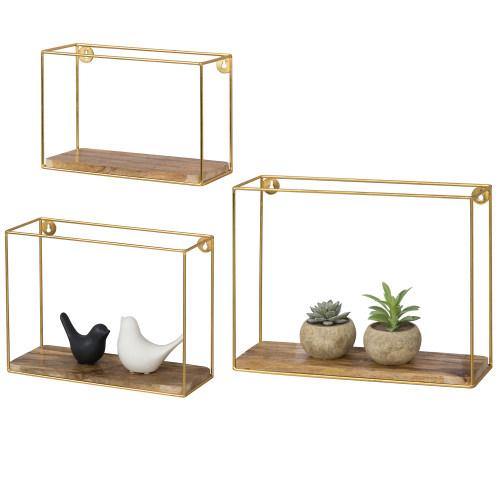 Modern Metal Wire and Wood Shadow Boxes, Brass & Mango Wood, Set of 3 - MyGift