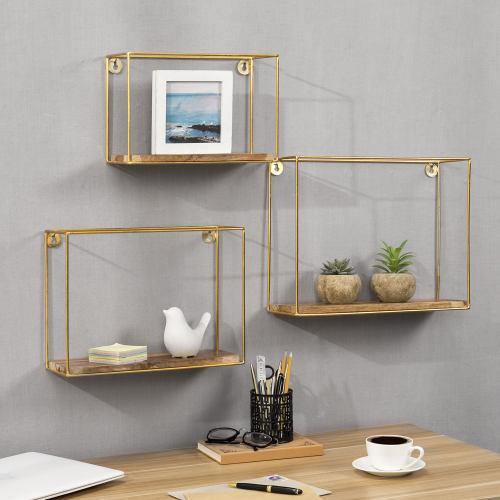 Modern Metal Wire and Wood Shadow Boxes, Brass & Mango Wood, Set of 3