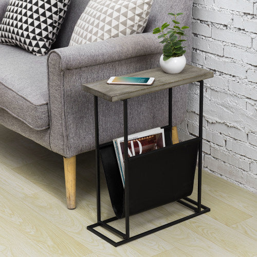 Modern Gray Wood & Black Metal End Table with Magazine Holder Sling-MyGift