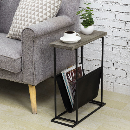 Modern Gray Wood & Black Metal End Table with Magazine Holder Sling-MyGift