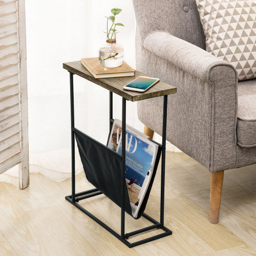 Torched Wood & Black Metal End Table with Magazine Holder Sling