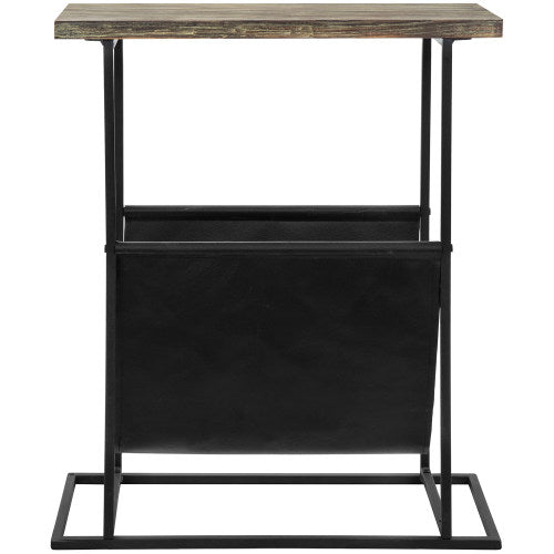 Torched Wood & Black Metal End Table with Magazine Holder Sling-MyGift