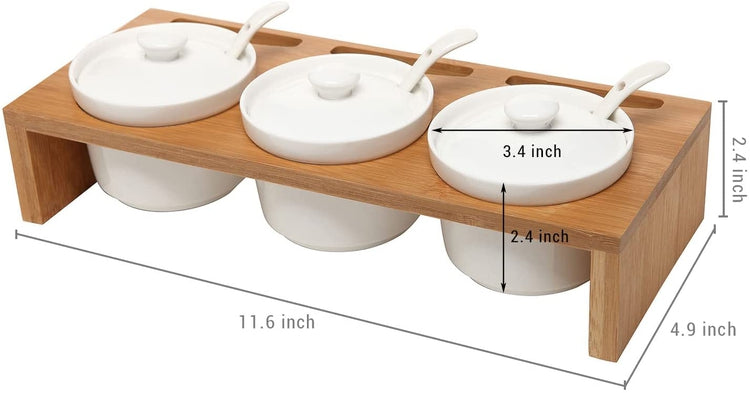 Ceramic Condiment Ramekins Set w/Lids & Spoons on Bamboo Tray-MyGift