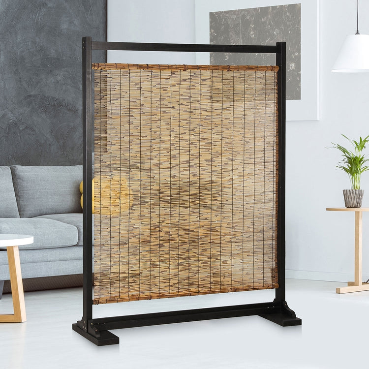 Black Wood & Brown Reed, Single Panel Privacy Screen Room Divider