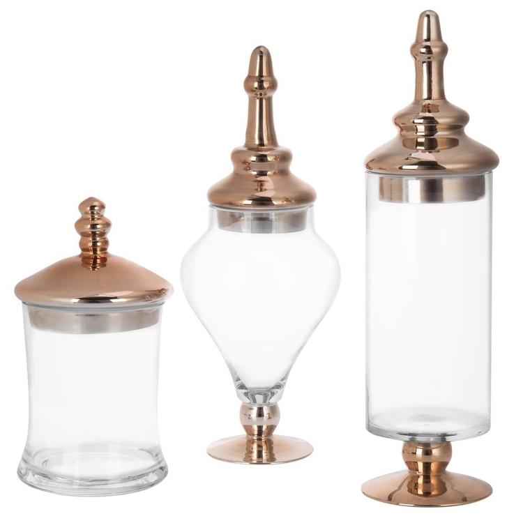 Set of 3 Antique-Style Glass Apothecary Jars with Metallic Copper-Tone Lids - MyGift Enterprise LLC