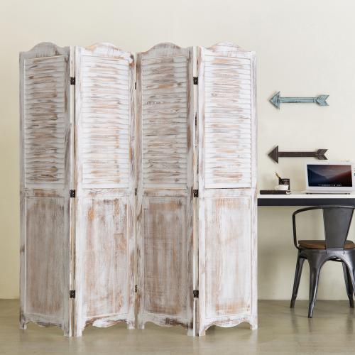 Antique Whitewashed Wood Room Divider Screen