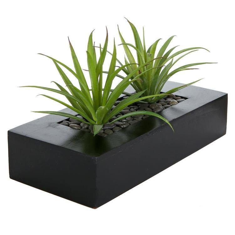 Artificial Green Grass in Rectangular Black Wood Pot
