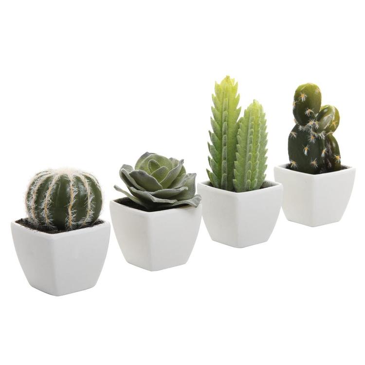 Artificial Mini Succulent & Cactus Plants in White Cube-Shaped Pots, Set of 4 - MyGift Enterprise LLC