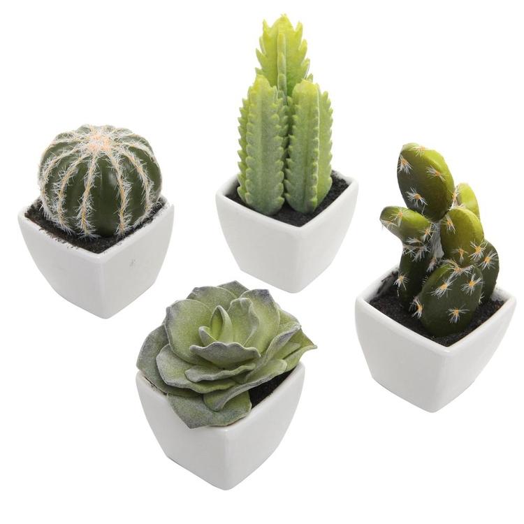 Artificial Mini Succulent & Cactus Plants in White Cube-Shaped Pots, Set of 4 - MyGift Enterprise LLC