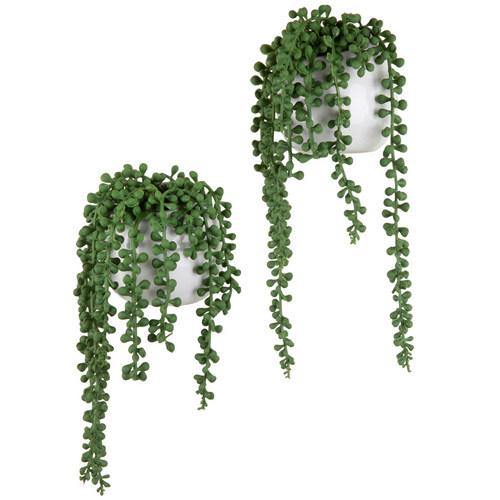 Artificial String of Pearls Plants in White Ceramic Wall-Hanging Planters, Set of 2 - MyGift