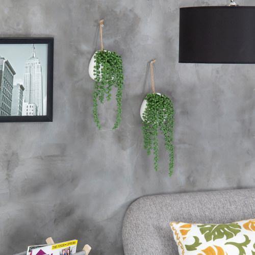 Artificial String of Pearls Plants in White Ceramic Wall-Hanging