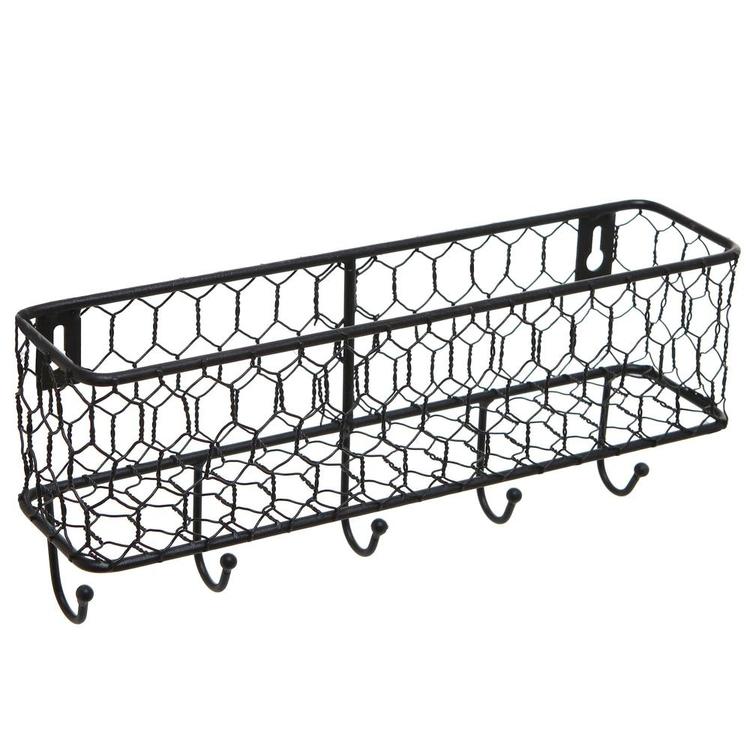 Black Metal Wall Mounted Key and Mail Storage Rack w/ Chicken Wire Mesh Basket - MyGift Enterprise LLC