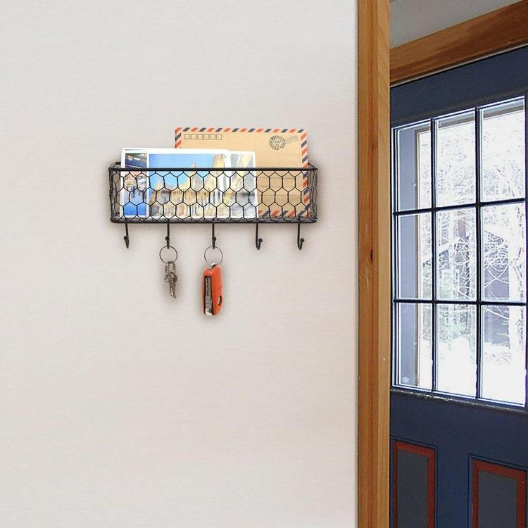 Black Metal Chicken Wire Key and Mail Storage Rack