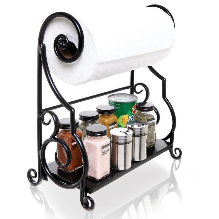 Black Metal Countertop Paper Towel Holder with Condiment Shel-MyGift