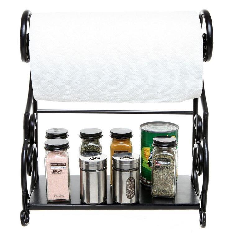 Black Metal Countertop Paper Towel Holder with Condiment Shel - MyGift