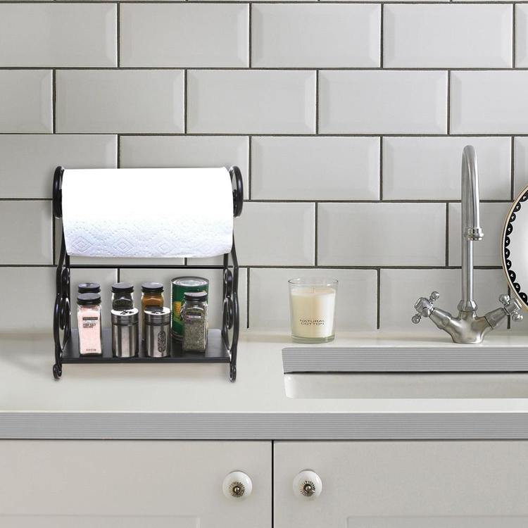 Black Metal Countertop Paper Towel Holder with Condiment Shel