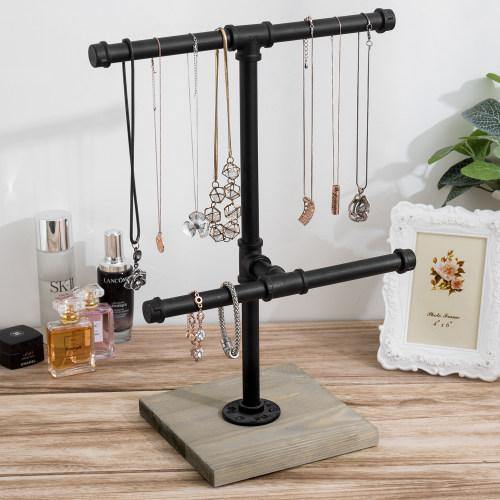 Black Metal Industrial Pipe T-Bar Jewelry Display Tower with Gray Wood Base