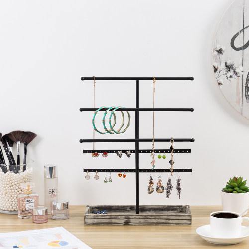 Black Metal Jewelry Organizer Stand with Torched Wood Ring Tray - MyGift