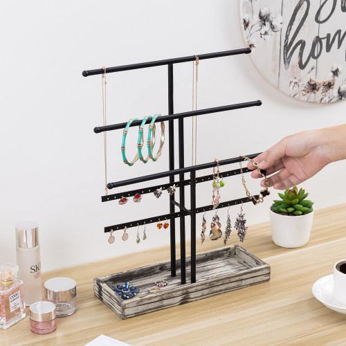 Black Metal Jewelry Organizer Stand with Torched Wood Ring Tray